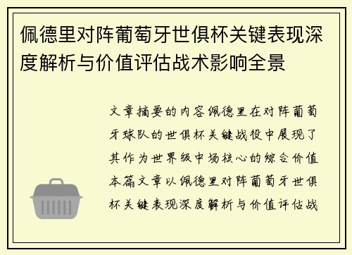 佩德里对阵葡萄牙世俱杯关键表现深度解析与价值评估战术影响全景